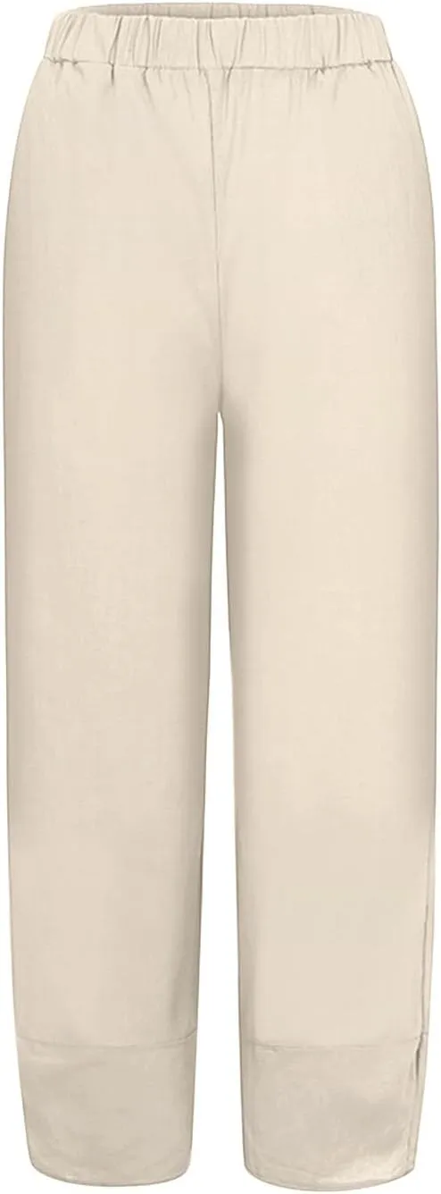 Women's Linen Blend Summer Boho Pants Elastic Waist Wide Leg Slim-Fit Trouser Business Work