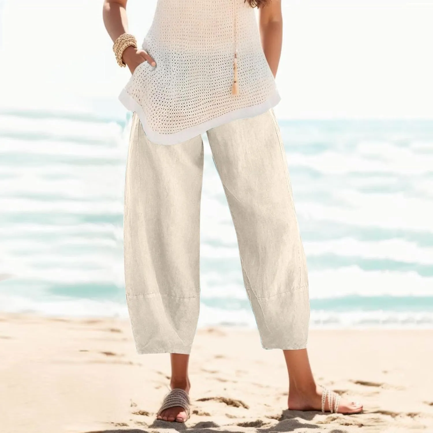 Women's Linen Blend Summer Boho Pants Elastic Waist Wide Leg Slim-Fit Trouser Business Work