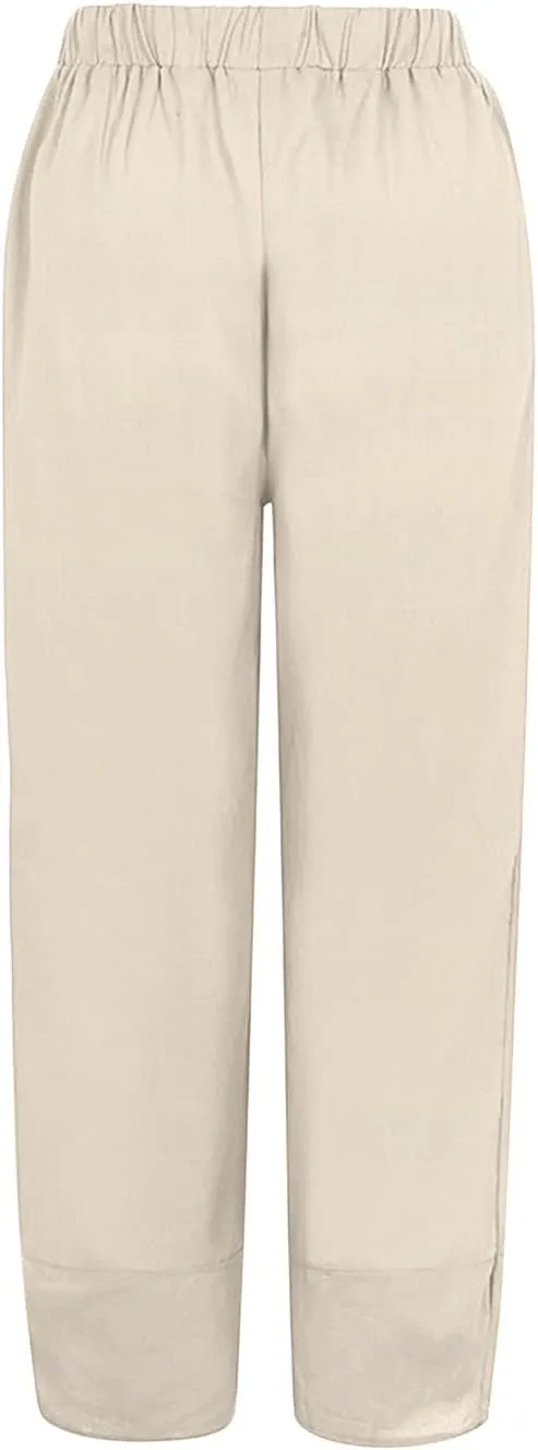Women's Linen Blend Summer Boho Pants Elastic Waist Wide Leg Slim-Fit Trouser Business Work