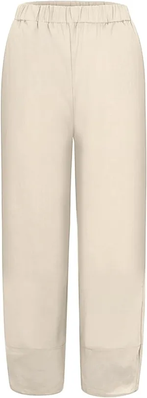 Women's Linen Blend Summer Boho Pants Elastic Waist Wide Leg Slim-Fit Trouser Business Work