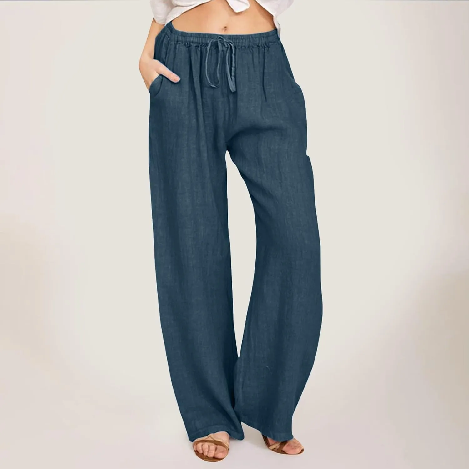 Women's Linen Blend Summer Cropped Palazzo Pants High Waist Lounge Pants Loose Fit Palazzo Lounge Pants Beach