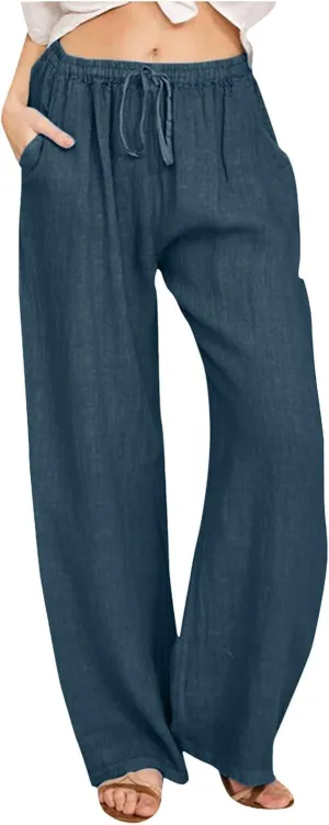 Women's Linen Blend Summer Cropped Palazzo Pants High Waist Lounge Pants Loose Fit Palazzo Lounge Pants Beach