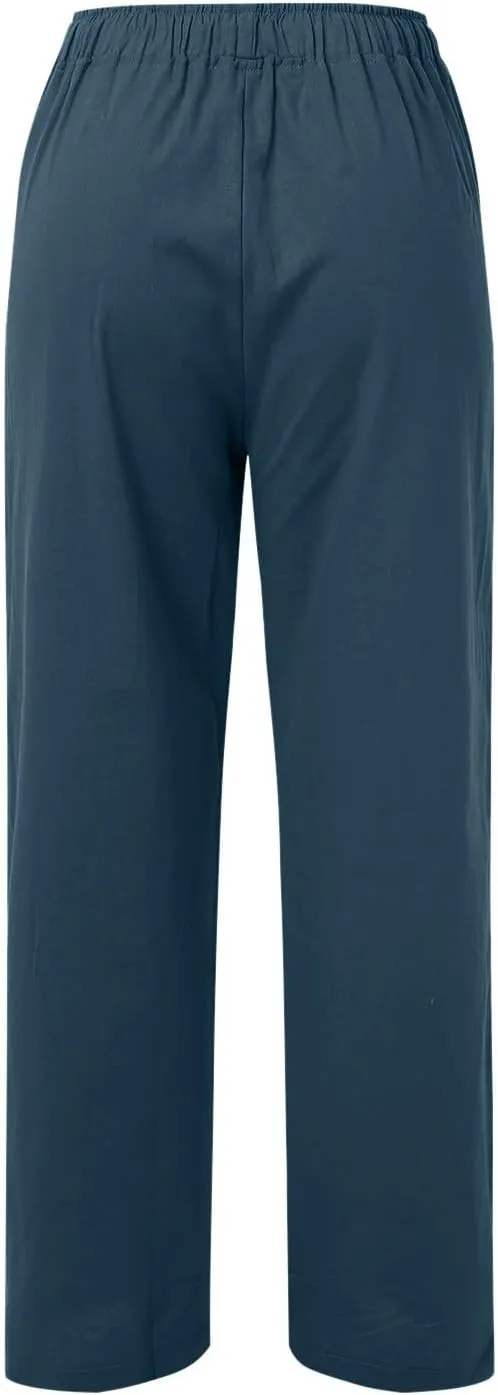 Women's Linen Blend Summer Cropped Palazzo Pants High Waist Lounge Pants Loose Fit Palazzo Lounge Pants Beach