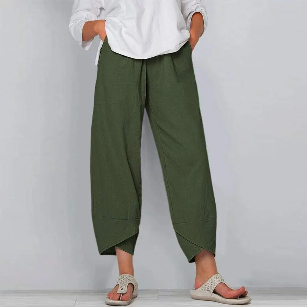 Womens Linen Pants Summer Casual Capri Pants with Pockets Palazzo Cropped Comfy Baggy Trousers High Waisted