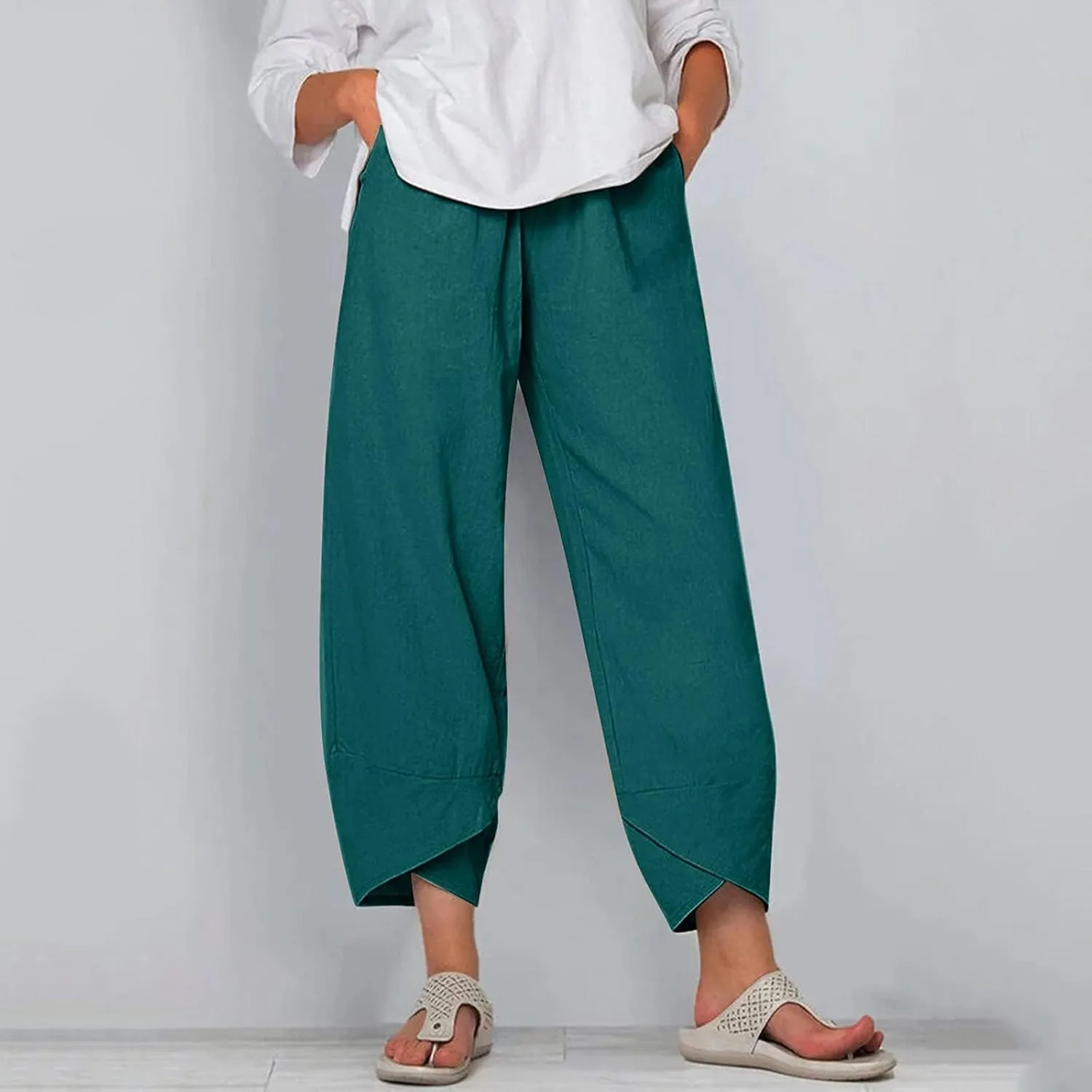 Womens Linen Pants Summer Casual Capri Pants with Pockets Palazzo Cropped Comfy Baggy Trousers High Waisted