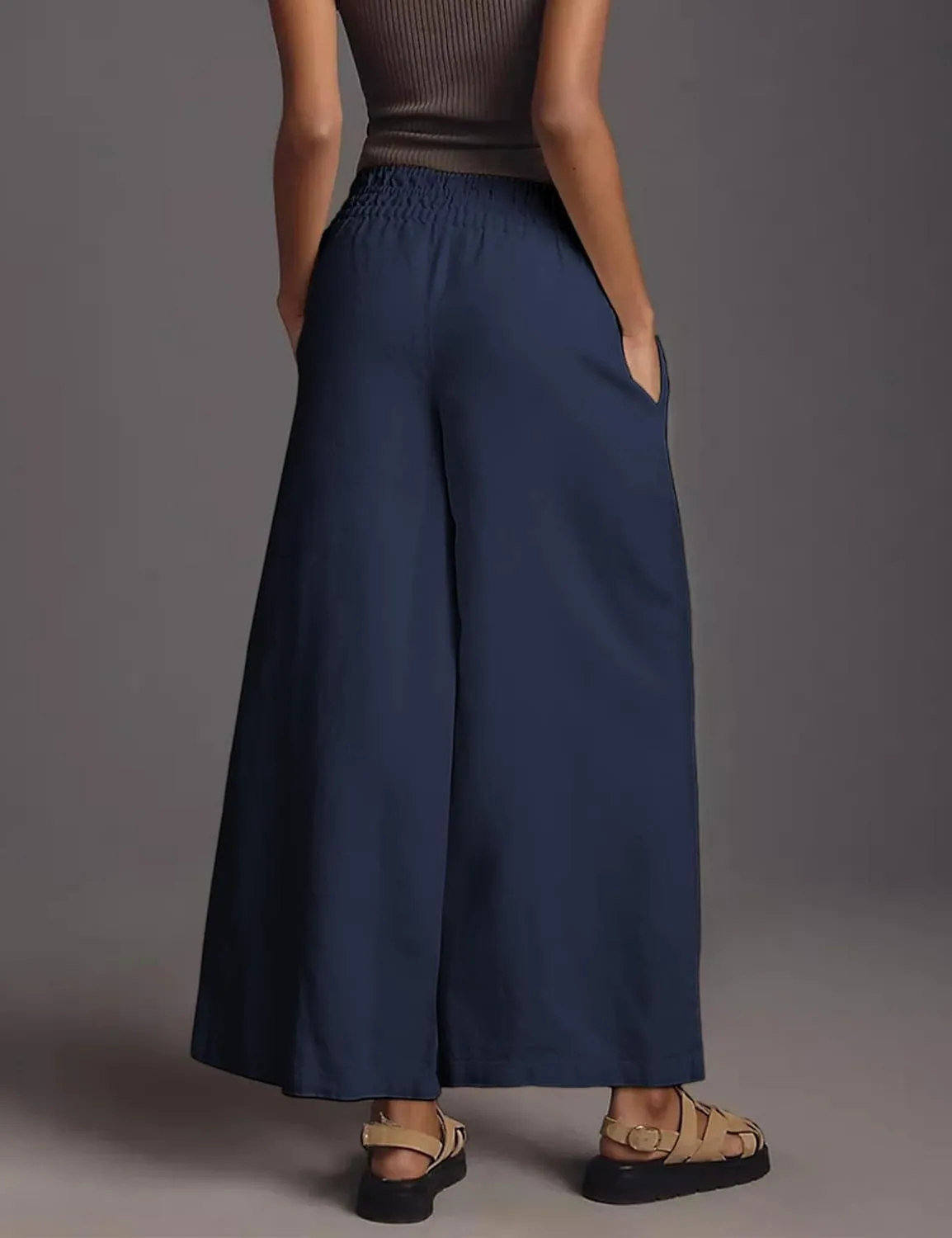 Women's Linen Pants Summer Casual Wide Leg Palazzo Pants High Waist Beach Travel Trousers