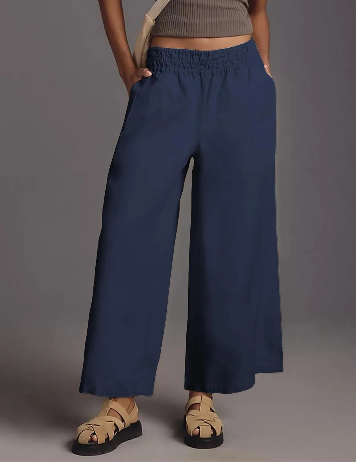Women's Linen Pants Summer Casual Wide Leg Palazzo Pants High Waist Beach Travel Trousers