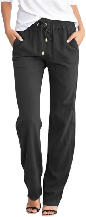 Womens Linen Pants with Pocket,Plus Size Elastic High Waist Trousers Drawstring Straight Leg Loose Beach Lounge Pants