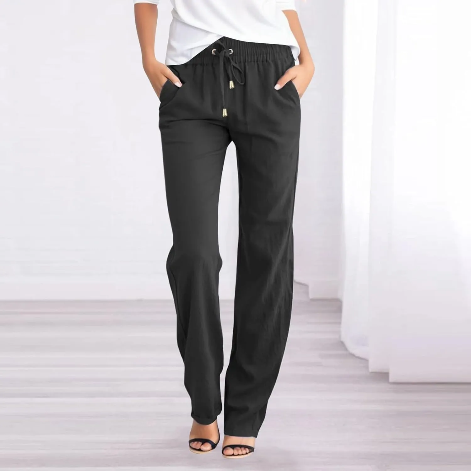 Womens Linen Pants with Pocket,Plus Size Elastic High Waist Trousers Drawstring Straight Leg Loose Beach Lounge Pants