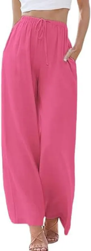 Women's Linen Summer Palazzo Pants Casual Loose Flowy Wide Leg Beach Pants with Pockets