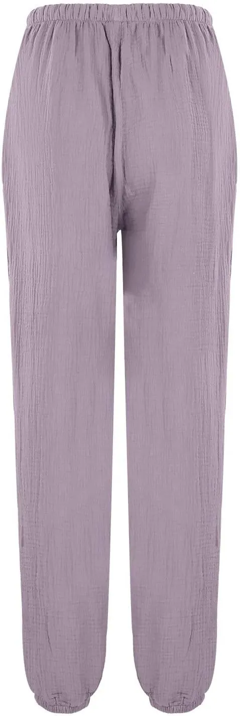 Womens Linen Summer Tie Knot Pants High Waist Stretchy Straight Plus Size Palazzo Pants Travel