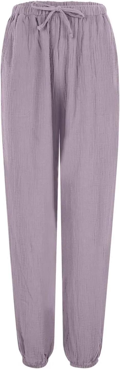Womens Linen Summer Tie Knot Pants High Waist Stretchy Straight Plus Size Palazzo Pants Travel