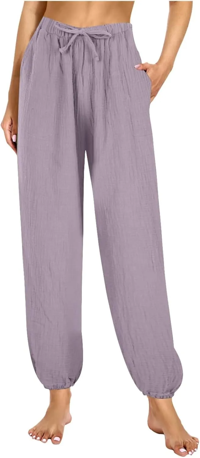 Womens Linen Summer Tie Knot Pants High Waist Stretchy Straight Plus Size Palazzo Pants Travel