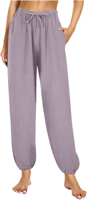 Womens Linen Summer Tie Knot Pants High Waist Stretchy Straight Plus Size Palazzo Pants Travel
