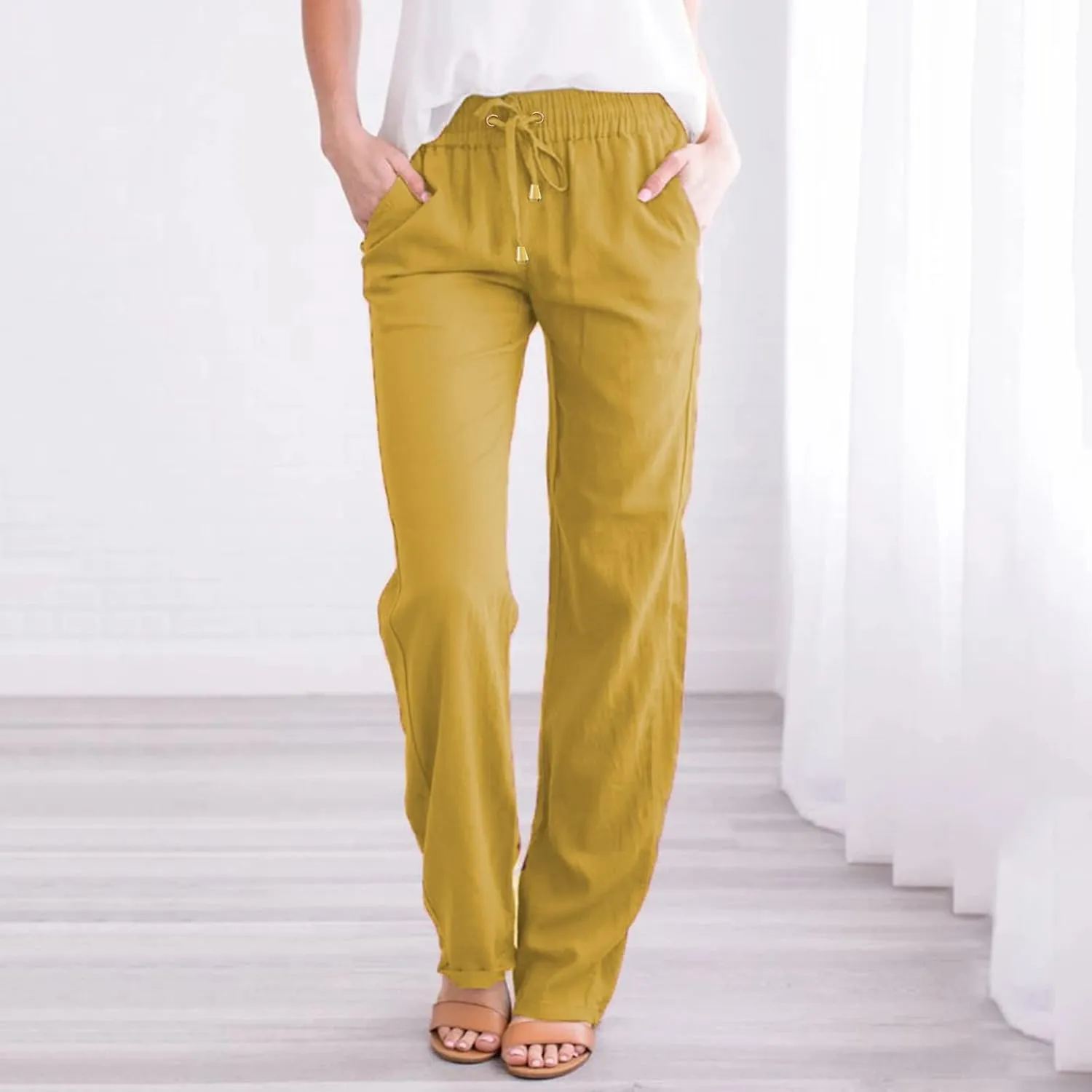 Womens Linen Summer Y2K Streetwear Pant Trousers Elastic Waist Stretchy Loose Fit Pants Vacation