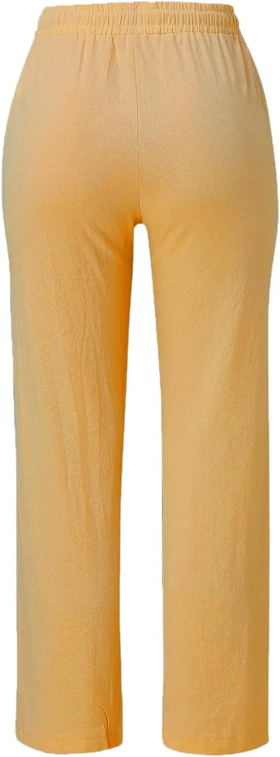 Womens Linen Summer Y2K Streetwear Pant Trousers Elastic Waist Stretchy Loose Fit Pants Vacation