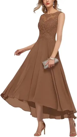 Women's Mother of The Bride Dresses Sleeveless High Low A-line Lace Applique Chiffon Formal Evening Gowns