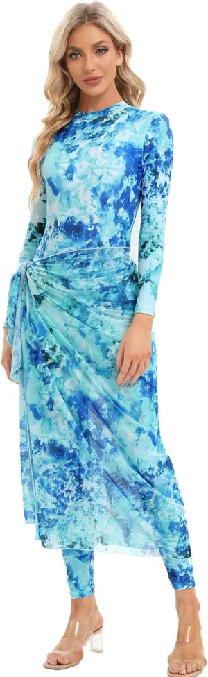 Womens Muslim Swimsuits Tie Dye Top Swim Pants with Long Sarong Cover up Wrap Skirt Swimwear Modest Bathing Suit 4PCS