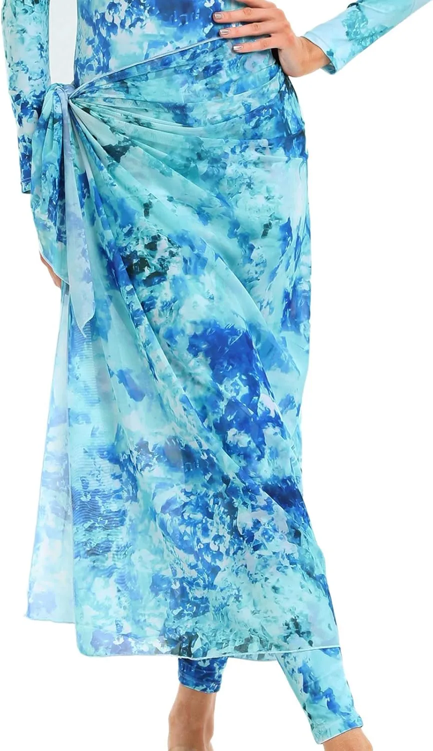 Womens Muslim Swimsuits Tie Dye Top Swim Pants with Long Sarong Cover up Wrap Skirt Swimwear Modest Bathing Suit 4PCS