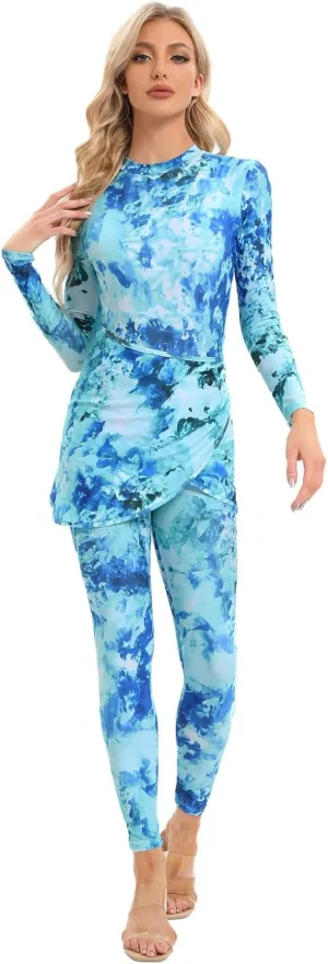 Womens Muslim Swimsuits Tie Dye Top Swim Pants with Long Sarong Cover up Wrap Skirt Swimwear Modest Bathing Suit 4PCS