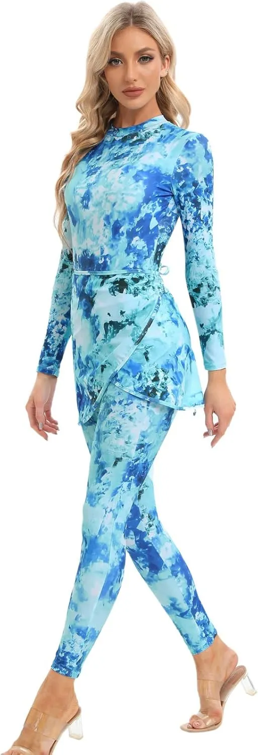 Womens Muslim Swimsuits Tie Dye Top Swim Pants with Long Sarong Cover up Wrap Skirt Swimwear Modest Bathing Suit 4PCS
