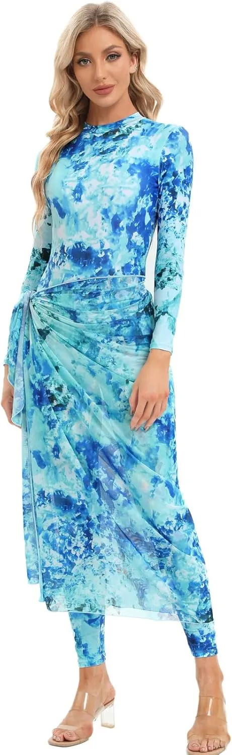 Womens Muslim Swimsuits Tie Dye Top Swim Pants with Long Sarong Cover up Wrap Skirt Swimwear Modest Bathing Suit 4PCS