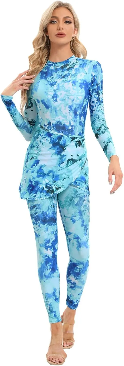 Womens Muslim Swimsuits Tie Dye Top Swim Pants with Long Sarong Cover up Wrap Skirt Swimwear Modest Bathing Suit 4PCS