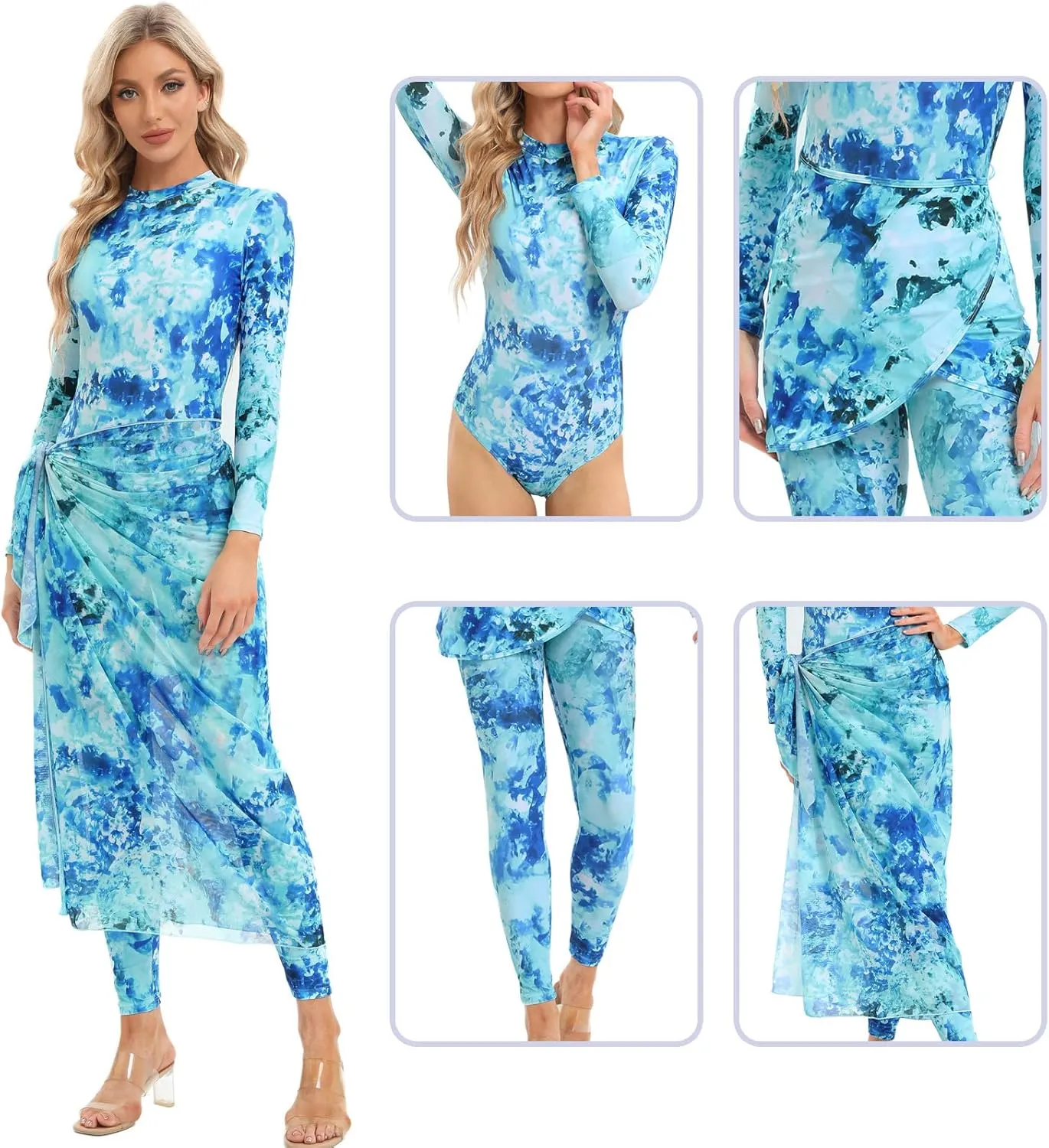 Womens Muslim Swimsuits Tie Dye Top Swim Pants with Long Sarong Cover up Wrap Skirt Swimwear Modest Bathing Suit 4PCS