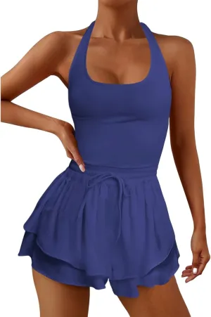 Womens One Piece Outfits Sleeveless Mini Skort Dress Casual Yoga Rompers Hight Waisted Suits Running Skortsie