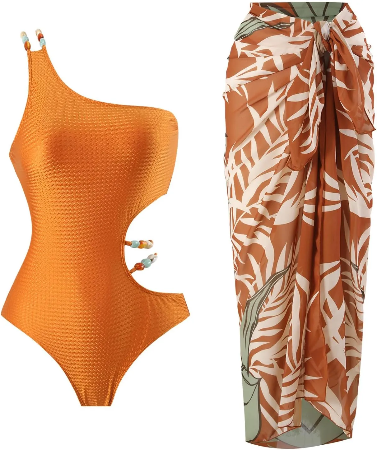 Women's One Piece Swimsuit with Beach Cover up Sarong Wrap Skirt 2PCS Halter Tummy Control Summer Bathing Suit