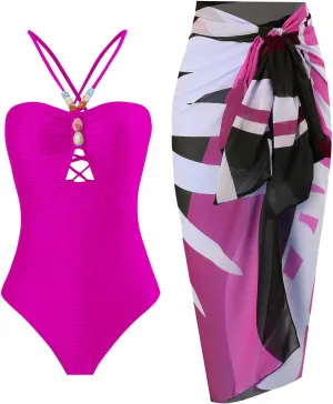 Women's One Piece Swimsuit with Beach Cover up Sarong Wrap Skirt 2PCS Halter Tummy Control Summer Bathing Suit