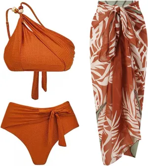 Women's One Piece Swimsuit with Beach Cover up Sarong Wrap Skirt 2PCS Halter Tummy Control Summer Bathing Suit
