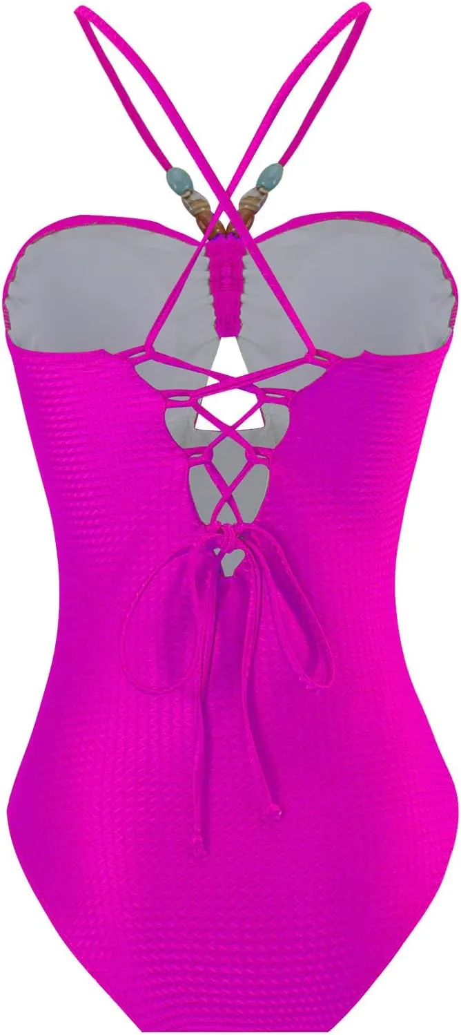 Women's One Piece Swimsuit with Beach Cover up Sarong Wrap Skirt 2PCS Halter Tummy Control Summer Bathing Suit