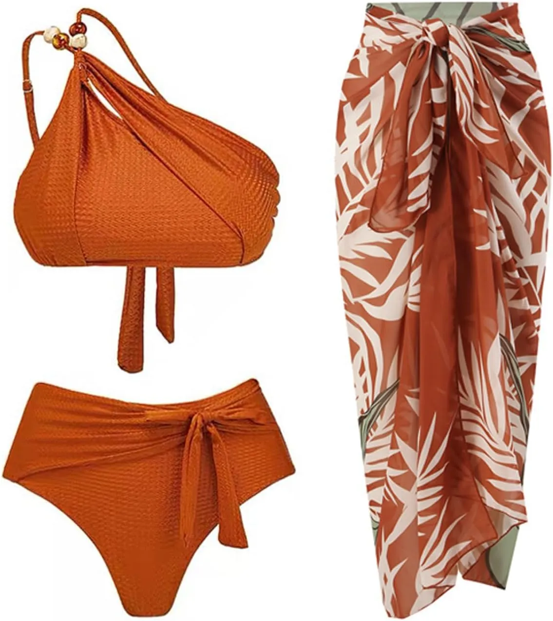 Women's One Piece Swimsuit with Beach Cover up Sarong Wrap Skirt 2PCS Halter Tummy Control Summer Bathing Suit