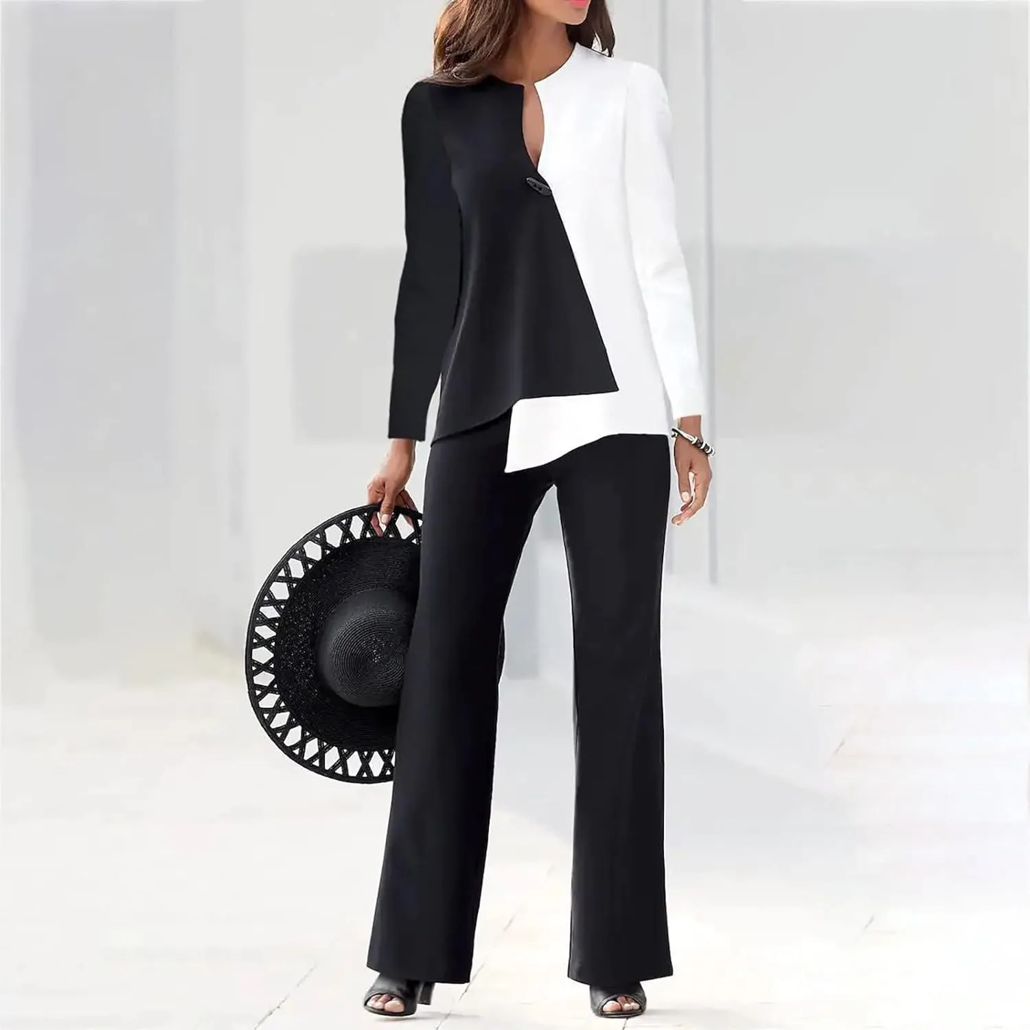 Womens Pant Suits Dressy Long Sleeve V Neck Colorblock Blouse Wide Leg Pants 2 Piece Set Fashion Business Work Outfit