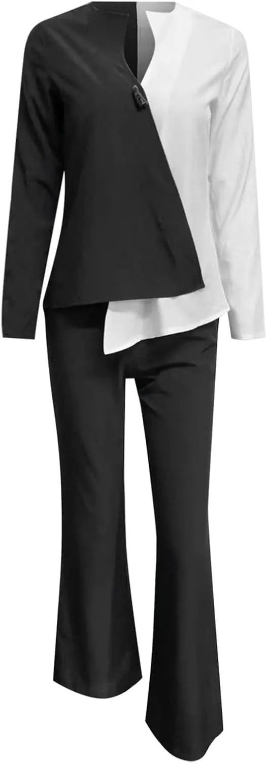 Womens Pant Suits Dressy Long Sleeve V Neck Colorblock Blouse Wide Leg Pants 2 Piece Set Fashion Business Work Outfit