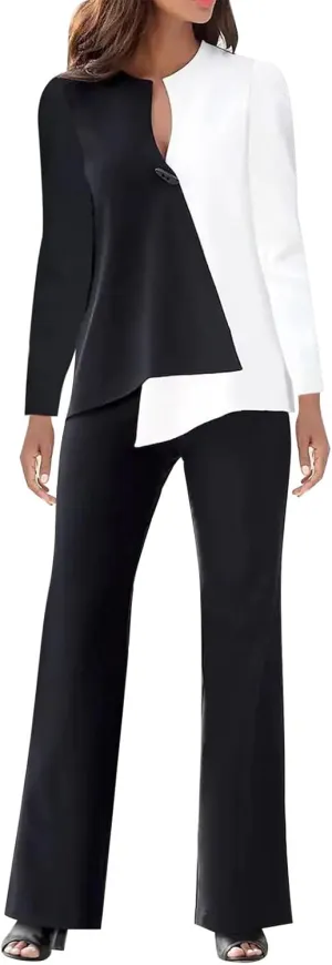 Womens Pant Suits Dressy Long Sleeve V Neck Colorblock Blouse Wide Leg Pants 2 Piece Set Fashion Business Work Outfit
