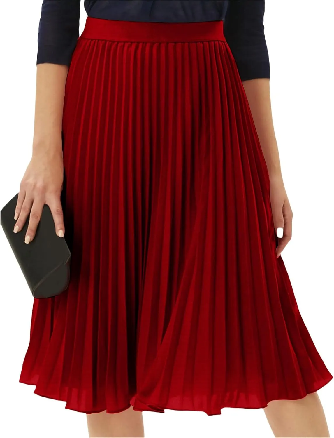 Womens Pleated Skirt Elastic High Waist Midi Skirts A Line Casual Flowy Skirts Knee Length Skirt Vacation Clothing
