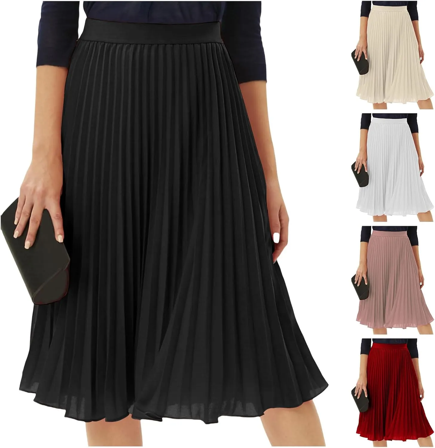 Womens Pleated Skirt Elastic High Waist Midi Skirts A Line Casual Flowy Skirts Knee Length Skirt Vacation Clothing