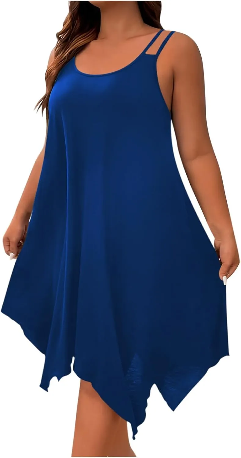 Womens Plus Size Dresses 2025 Summer Sleeveless Scoop Neck Asymmetrical Hem Flowy Midi Cami Dress Casual Loose Dresess