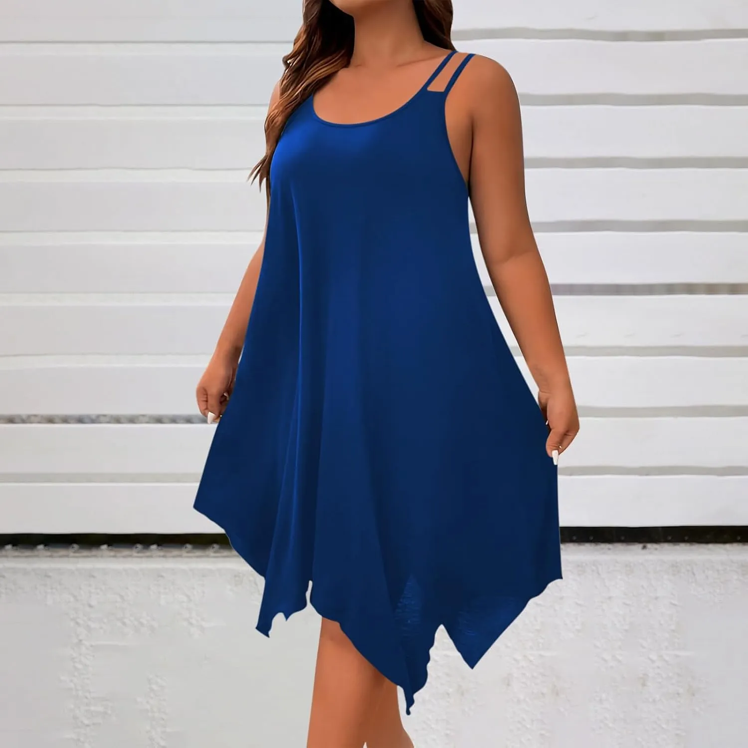 Womens Plus Size Dresses 2025 Summer Sleeveless Scoop Neck Asymmetrical Hem Flowy Midi Cami Dress Casual Loose Dresess