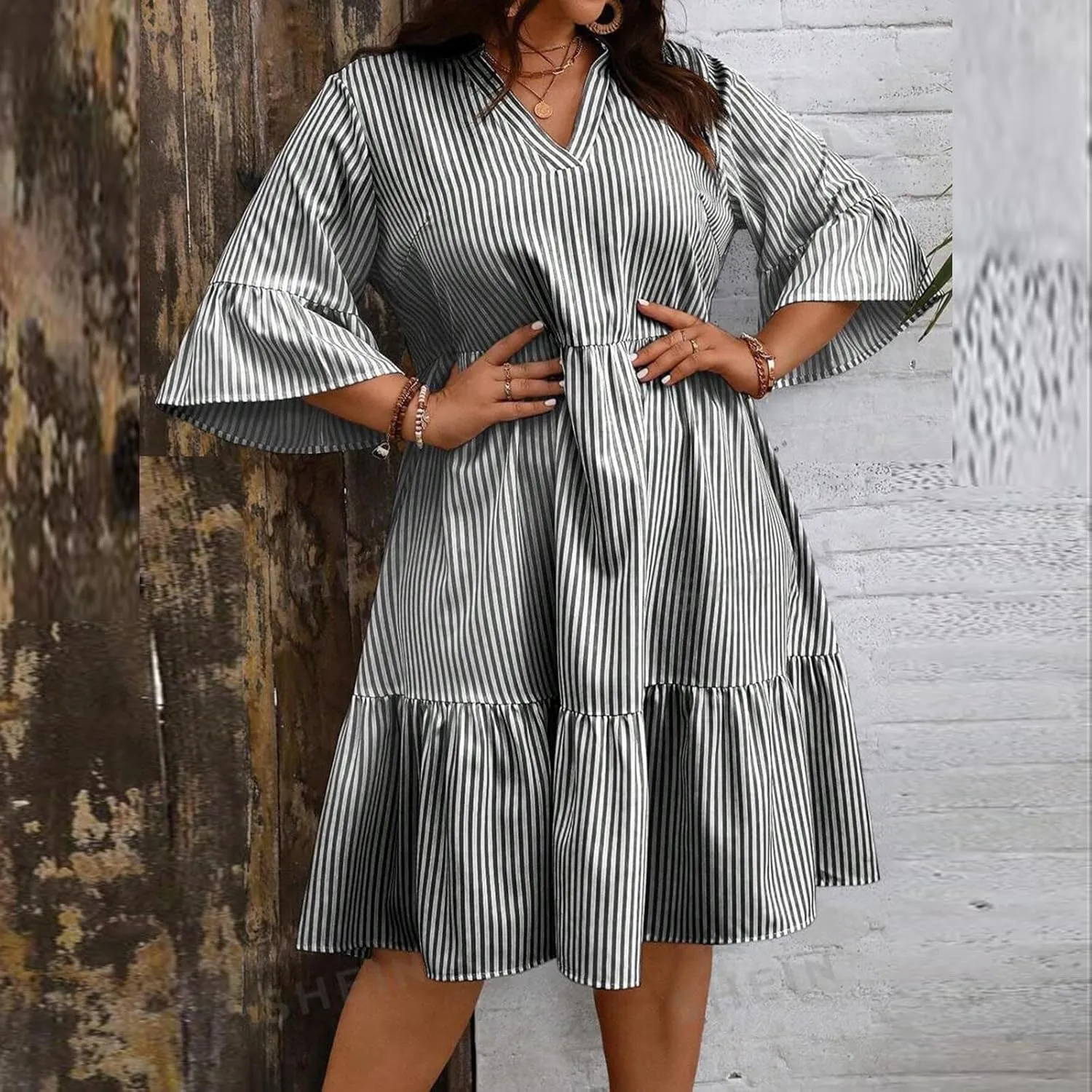 Women's Plus Size Dresses for Curvy Summer Striped Loose Short Sleeve V Neck Layered Ruffle Hem Midi Dress