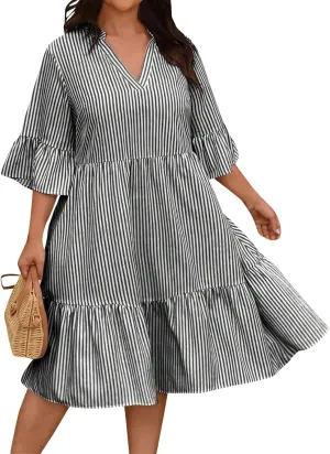 Women's Plus Size Dresses for Curvy Summer Striped Loose Short Sleeve V Neck Layered Ruffle Hem Midi Dress