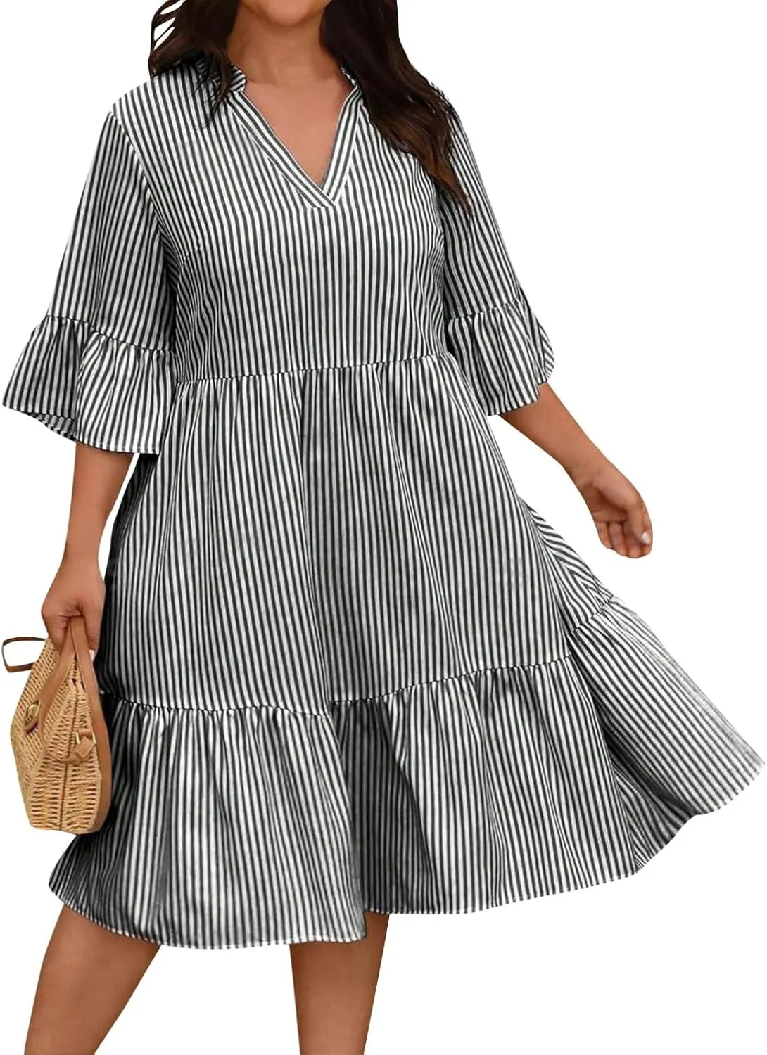 Women's Plus Size Dresses for Curvy Summer Striped Loose Short Sleeve V Neck Layered Ruffle Hem Midi Dress