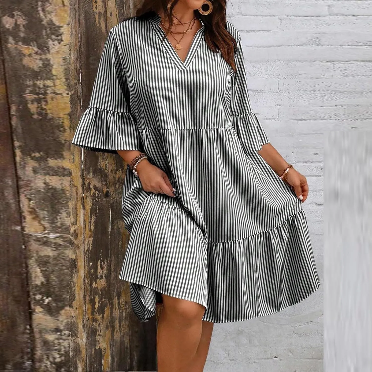 Women's Plus Size Dresses for Curvy Summer Striped Loose Short Sleeve V Neck Layered Ruffle Hem Midi Dress