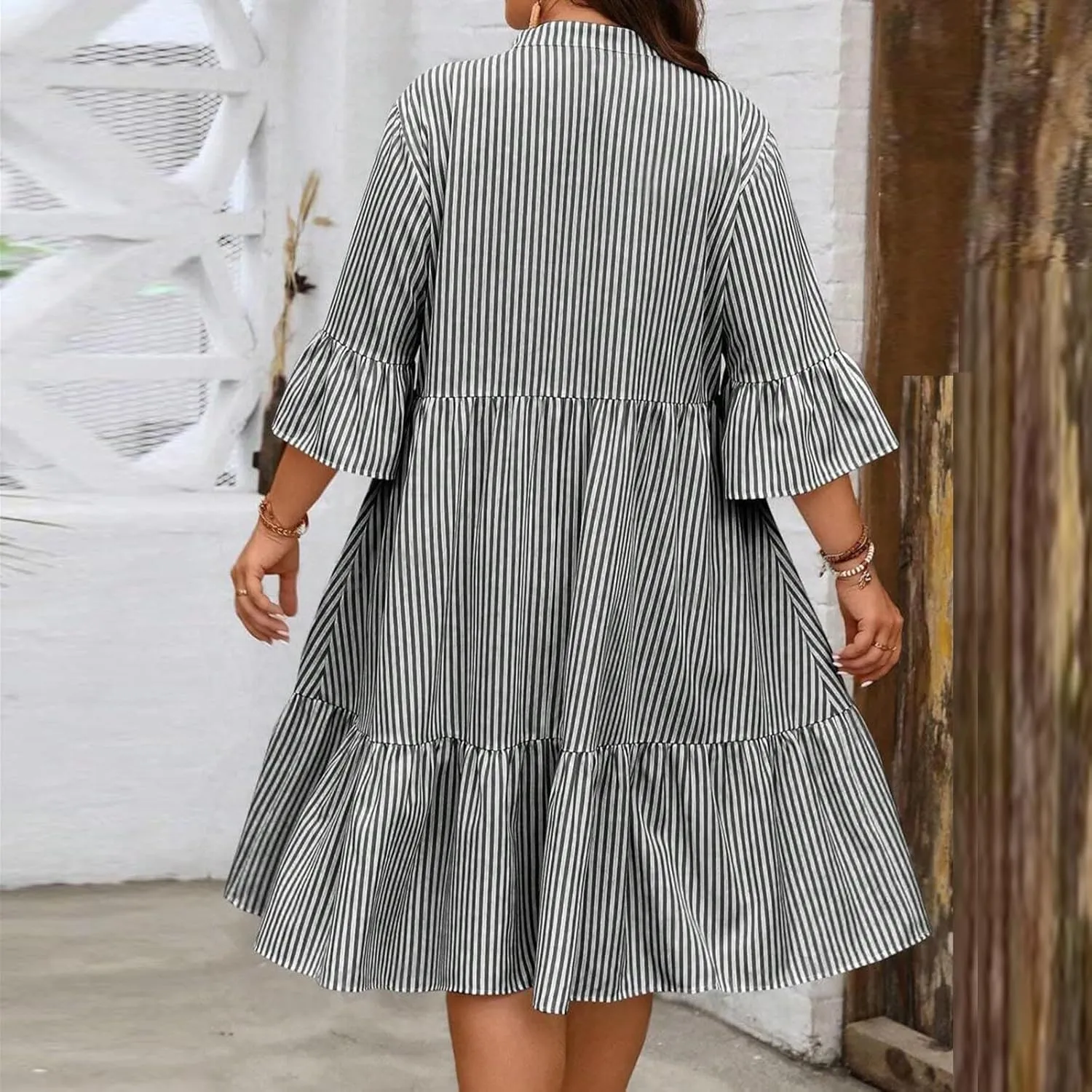 Women's Plus Size Dresses for Curvy Summer Striped Loose Short Sleeve V Neck Layered Ruffle Hem Midi Dress