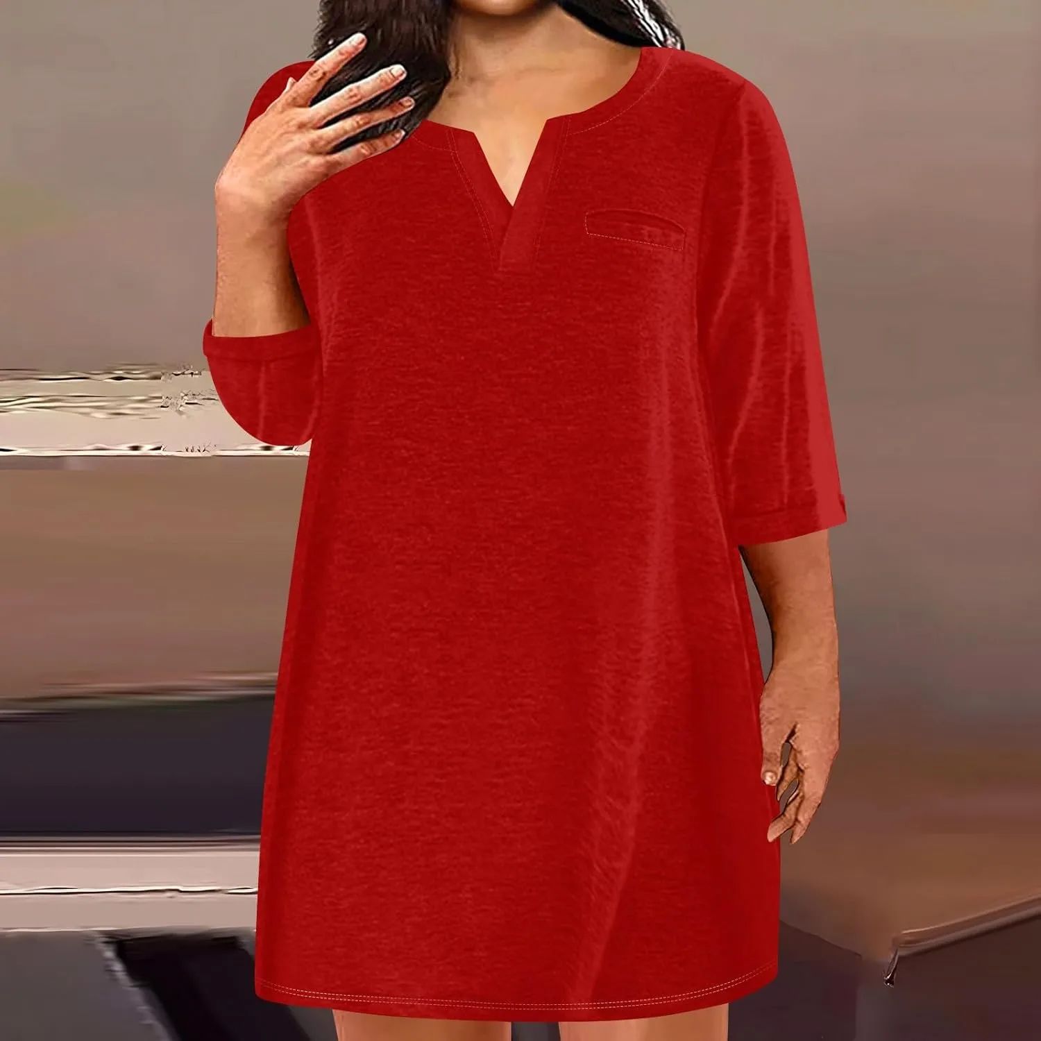 Women's Plus Size Dresses for Curvy Summer V Neck 3/4 Sleeve Solid Loose Mini Tshirt Dresses, L-5XL