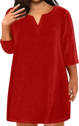 Women's Plus Size Dresses for Curvy Summer V Neck 3/4 Sleeve Solid Loose Mini Tshirt Dresses, L-5XL