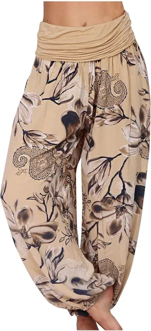 Womens Plus Size High Elastic Waist Harem Pants Casual Loose Baggy Pants with Pockets Bohemian Beach Yoga Trousers