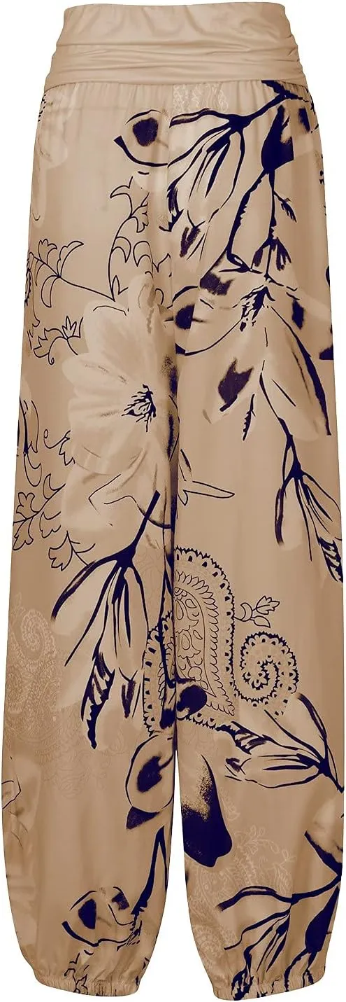 Womens Plus Size High Elastic Waist Harem Pants Casual Loose Baggy Pants with Pockets Bohemian Beach Yoga Trousers